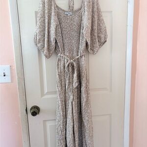 Boho Floral Tie-Waist Maxi jumper in Beige